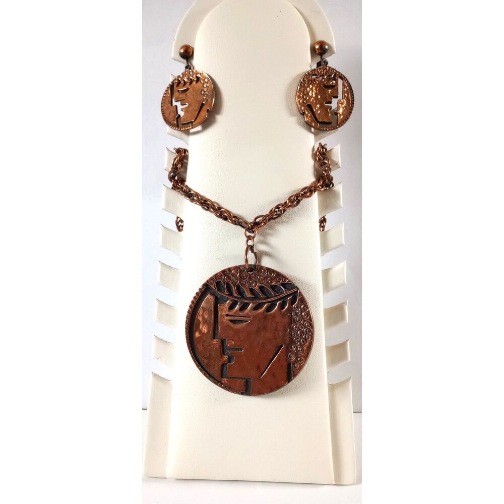 Francisco Rebajes Copper Pendant Necklace Clip-On Earrings Authentic READ